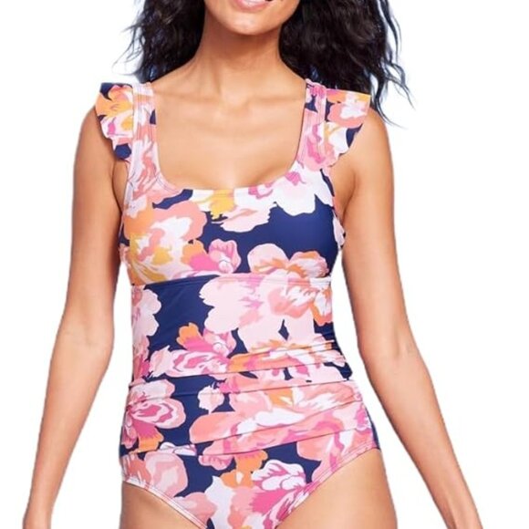Kona Sol Full Coverage Floral Raffle Sleeve V-Back One Swimsuit S, M,  L, XL - Picture 1 of 13